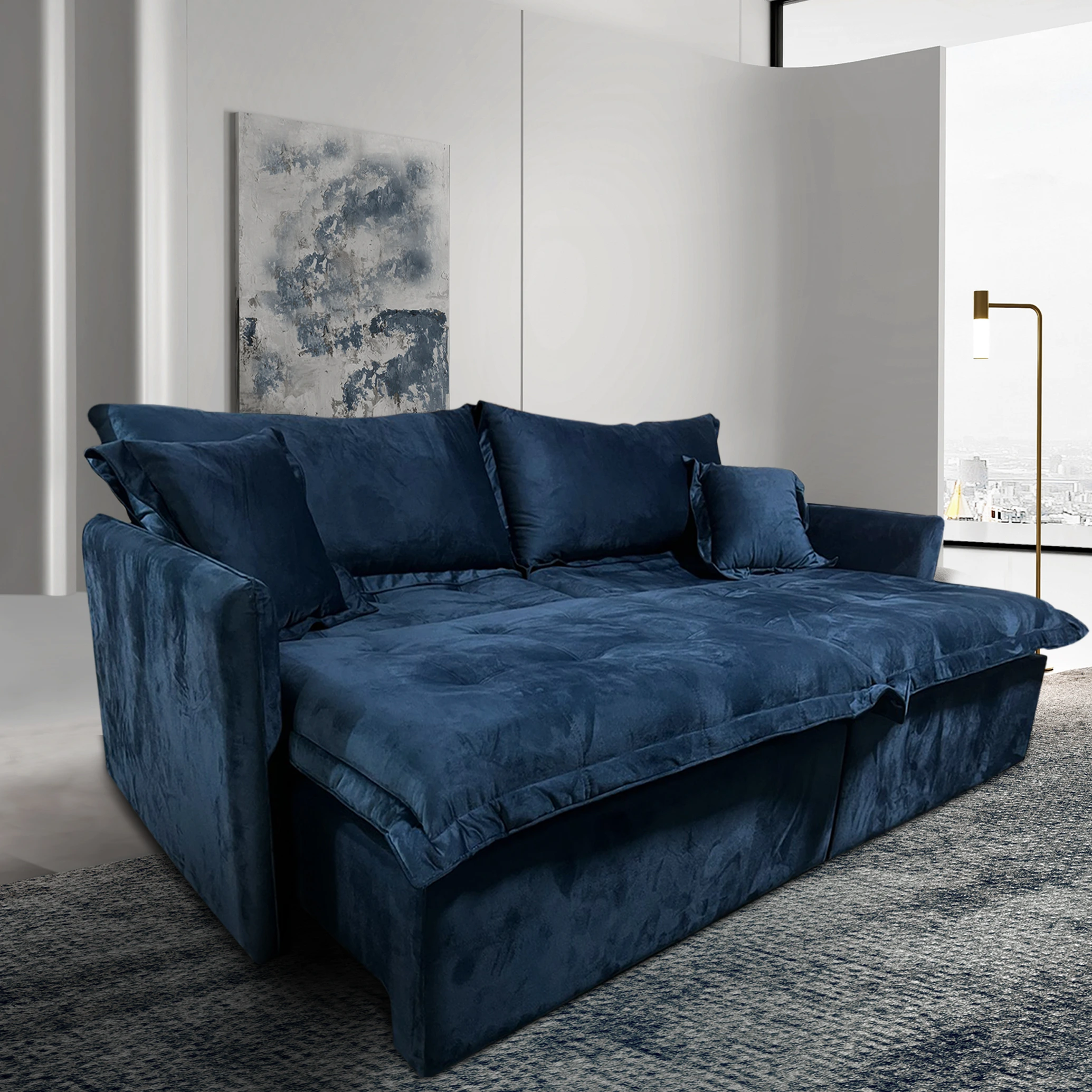 Sofá Sem Caixa (sofá cama) modelo Dream.
Medidas de 1,80 m até 2,60 m com 2 módulos.
2,60 m até 5,20 m com 3 ou mais módulos.
Profundidade: 1,00 m (fechado) / 1,50 m aberto
Mais de 50 cores e tecidos diferentes.
Espuma HS, Pistão Blindado, Madeira Maciça.
Pillow Top Assento Confortável .
Acabamento e Qualidade impecável.