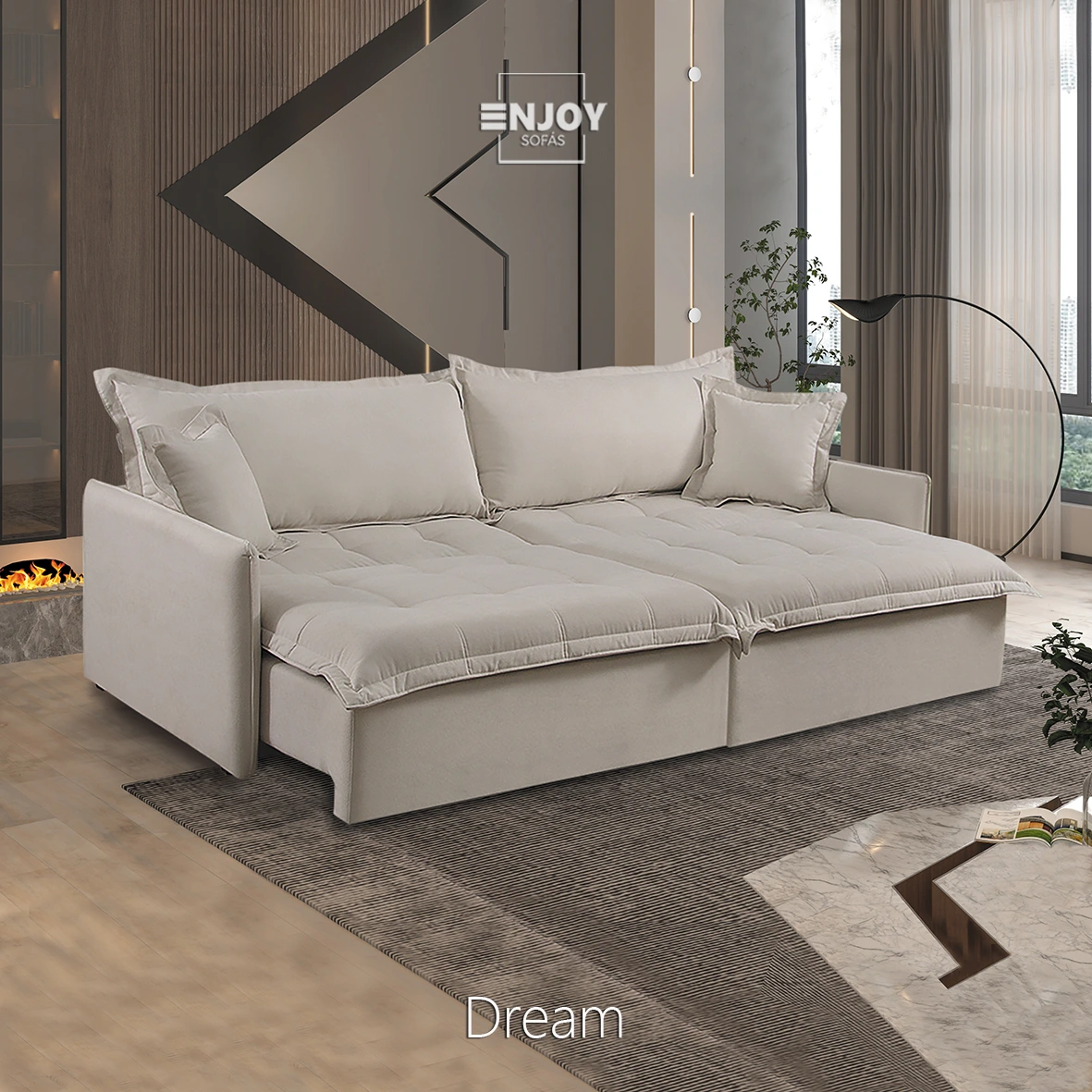 Sofá Sem Caixa (sofá cama) modelo Dream.
Medidas de 1,80 m até 2,60 m com 2 módulos.
2,60 m até 5,20 m com 3 ou mais módulos.
Profundidade: 1,00 m (fechado) / 1,50 m aberto
Mais de 50 cores e tecidos diferentes.
Espuma HS, Pistão Blindado, Madeira Maciça.
Pillow Top Assento Confortável .
Acabamento e Qualidade impecável.