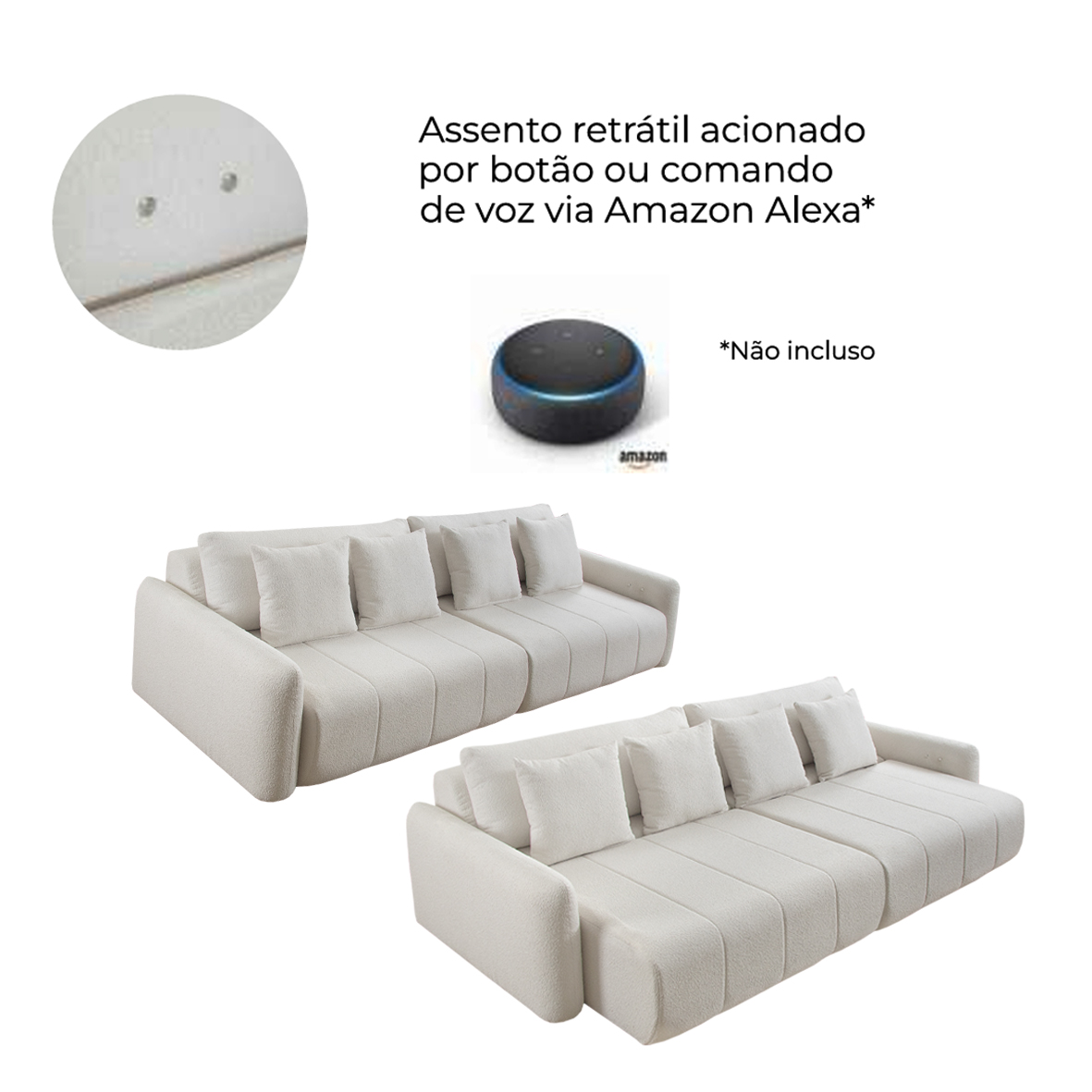 Sofá Elétrico Automático Sem Caixa (Sofá Cama).
Controle por Voz (Alexa). Opcional.
Espuma HR
Medidas 1,90 m até 2,70 m para 2 módulos.
2.90 m até 3,90 m (3 módulos)
Mais de 50 cores e tecidos diferentes.
Qualidade, Conforto e Elegância em um só sofá.