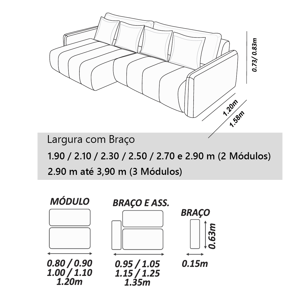 Sofá Elétrico Automático Sem Caixa (Sofá Cama).
Controle por Voz (Alexa). Opcional.
Espuma HR
Medidas 1,90 m até 2,70 m para 2 módulos.
2.90 m até 3,90 m (3 módulos)
Mais de 50 cores e tecidos diferentes.
Qualidade, Conforto e Elegância em um só sofá.