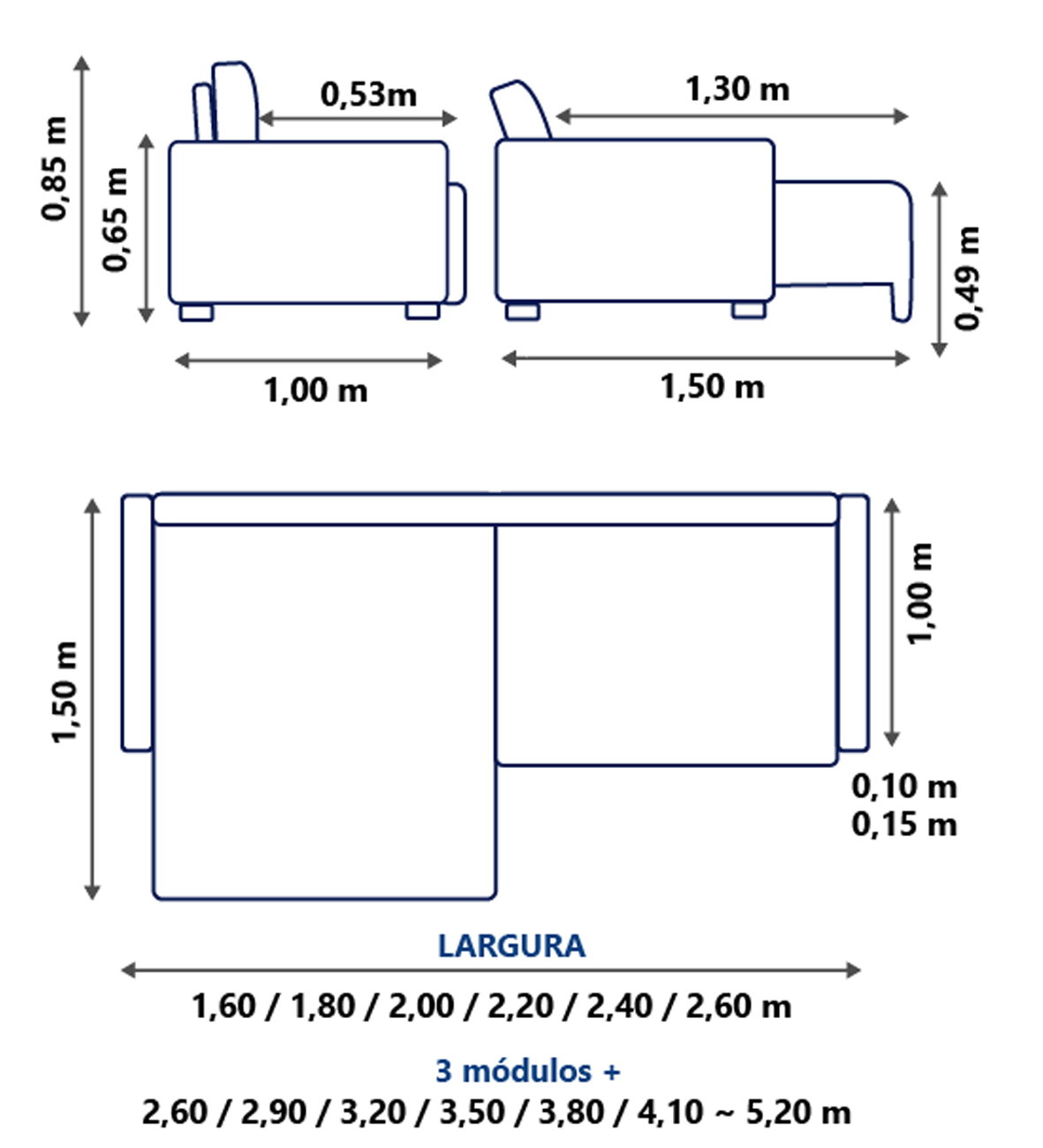 Sofá Sem Caixa (sofá cama) modelo Emotion.
- Medidas de 1,80 m até 2,60 m com 2 módulos.
- 2,60 m até 5,20 m com 3 ou mais módulos.
- Profundidade: 1,00 m (fechado) / 1,50 m aberto
- Espuma HS, Molas Ensacadas (pocket).
- Madeira Maciça.
- Pillow Top Assento Confortável .
- Pistão Blindado.
- Acabamento e Qualidade impecável.